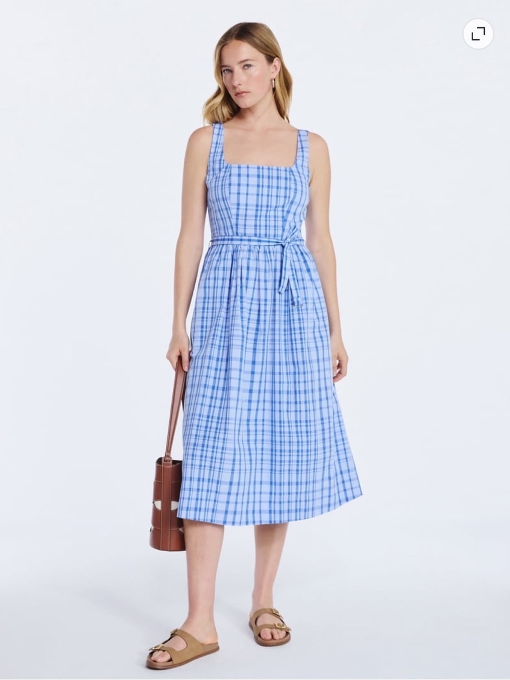 Free Assembly Belted Cotton Midi Dress Sin Dress in Blue Plaid